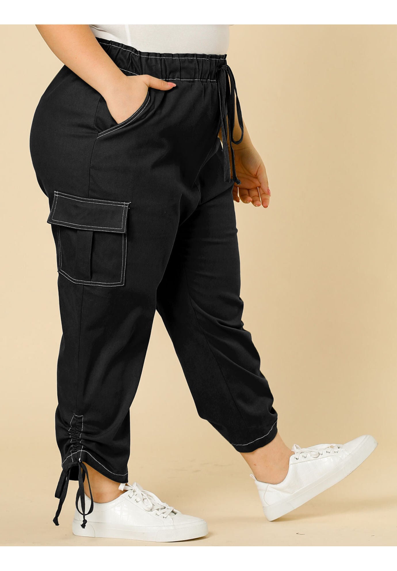 DRAWSTRING ELASTIC WAIST CARGO PANTS, Black / Black, alternate image number 1
