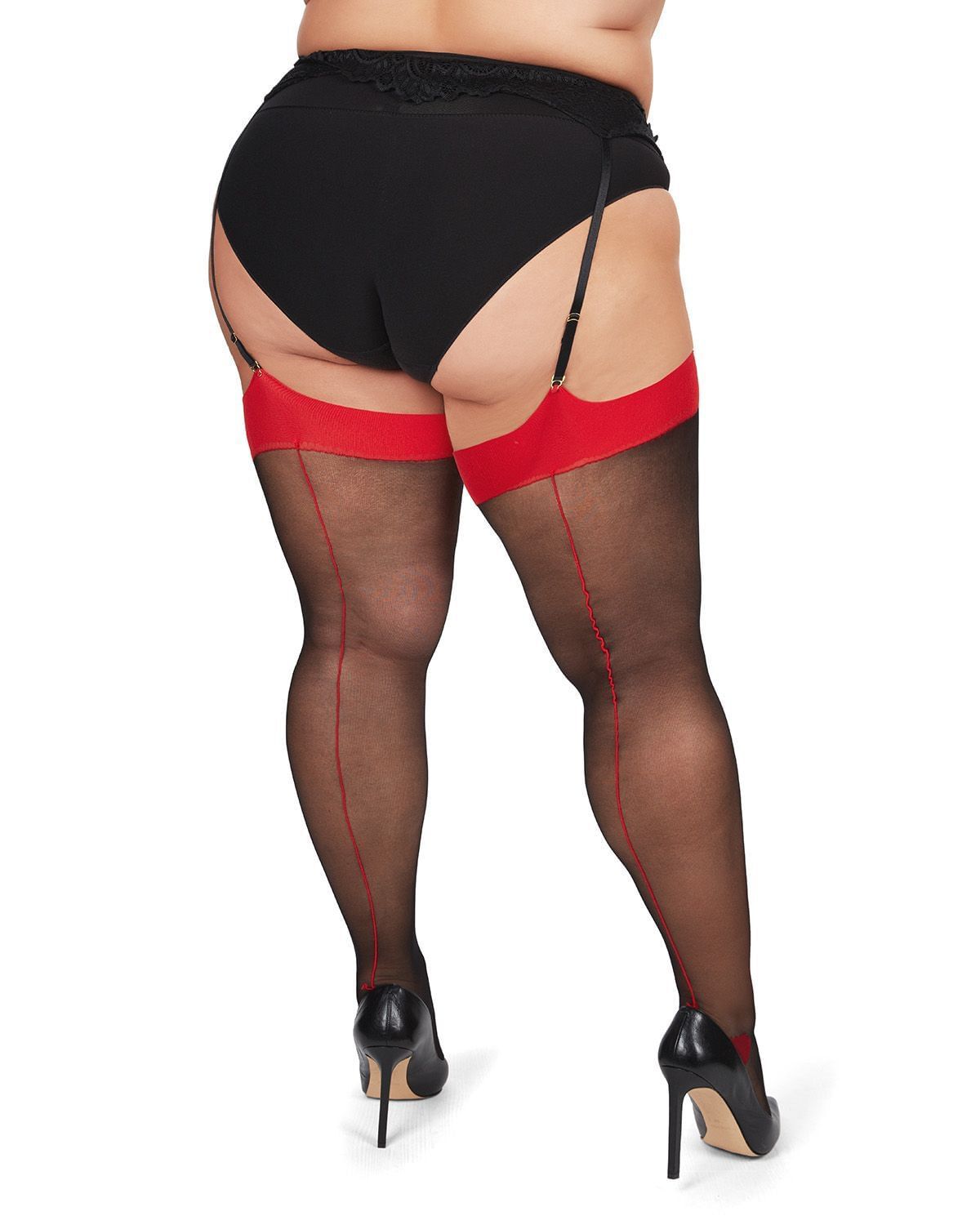 Back Seam/Cuban Heel Plus Size Curvy Thigh High Stocking, BlackRed / Red, alternate image number 2