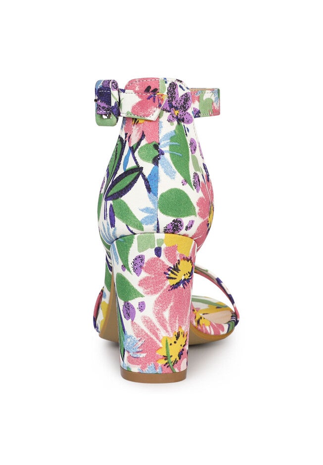 Floral Print Open Toe Block High Heels Summer Sandals, Blue White / Cornflower Blue, alternate image number 2