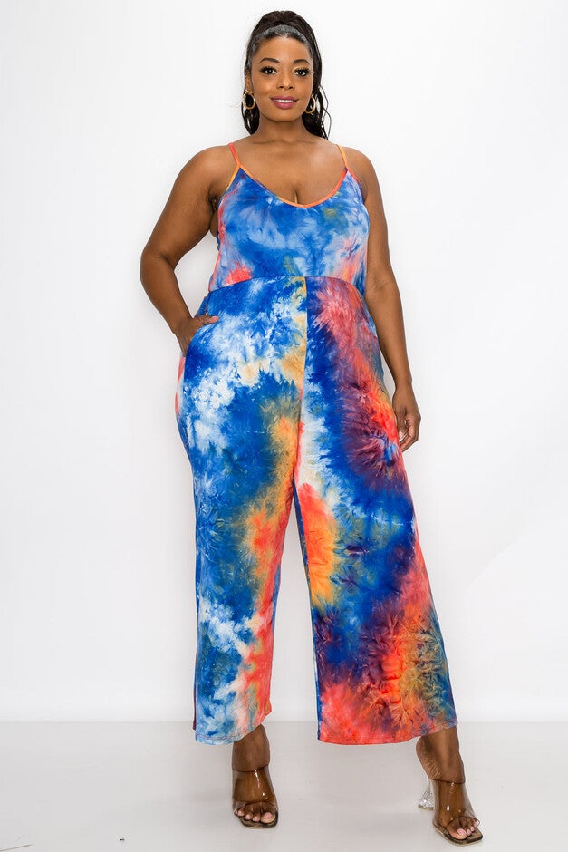 TIE DYE CAMI NECK WIDE LEGGED POCKET JUMPSUIT, RoyalRedOrange Tie Dye / Royal Blue, hi-res image number 0