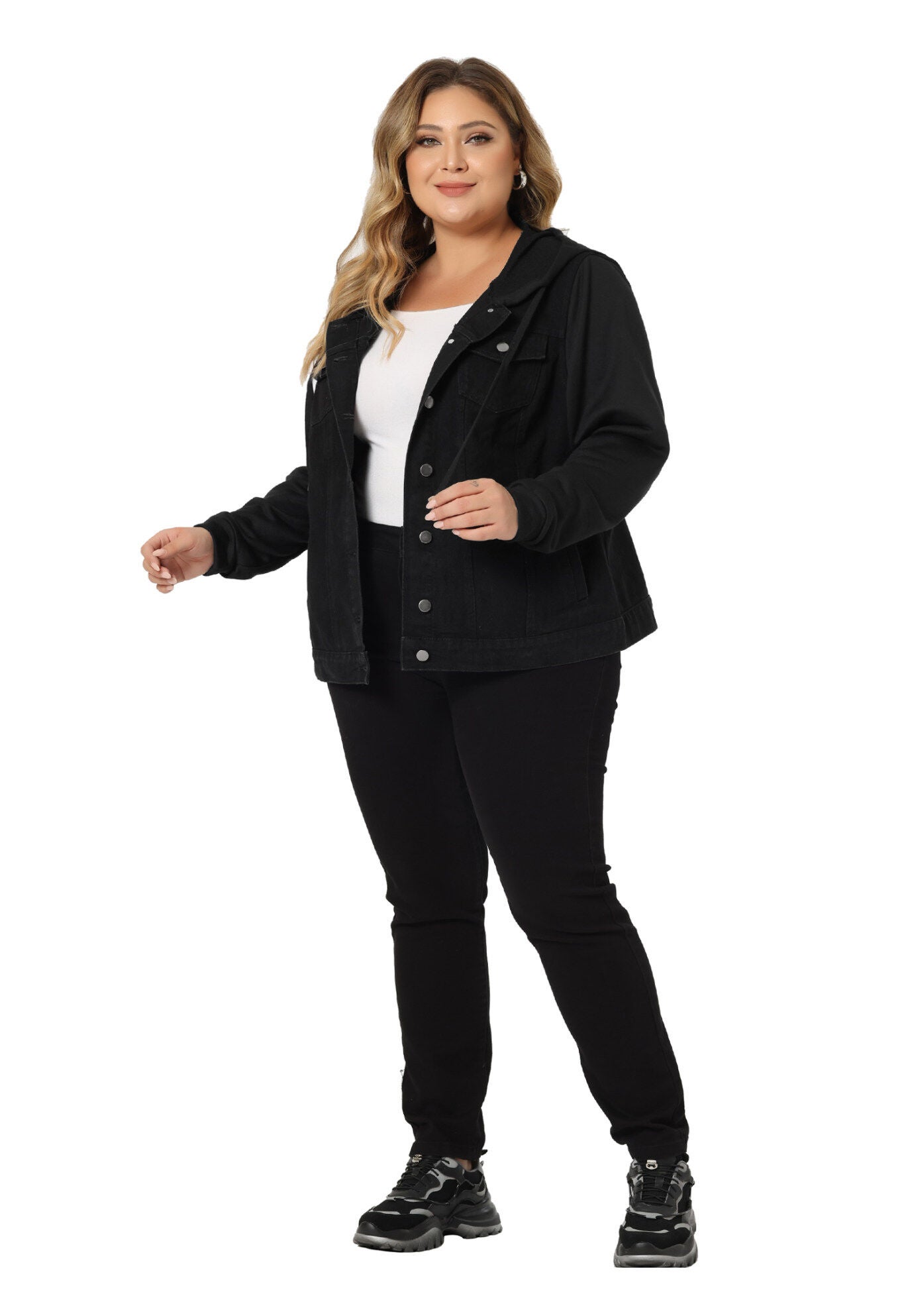 LAYERED DRAWSTRING HOODIE DENIM JEAN JACKET, Dark Black / Black, hi-res image number 0