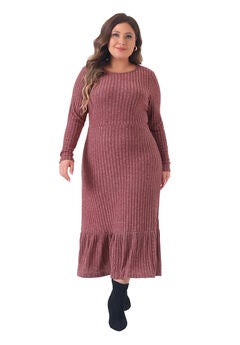 Ribbed Knit Long Sleeve Crew Neck Ruffled Hem Midi Dress