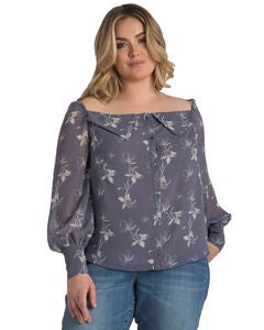Plus Size Floral Print Long Sleeve Button Down Off-The-Shoulder Blouse