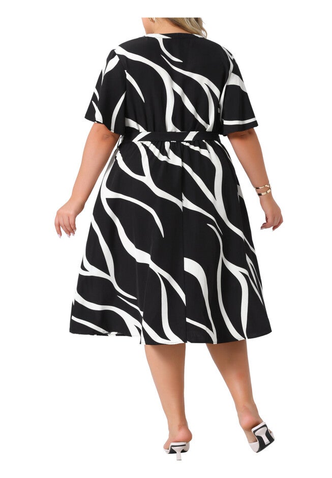 Short Sleeve Notched V Neck Tie Waist Print Dress with Pockets, Black / Black, alternate image number 3