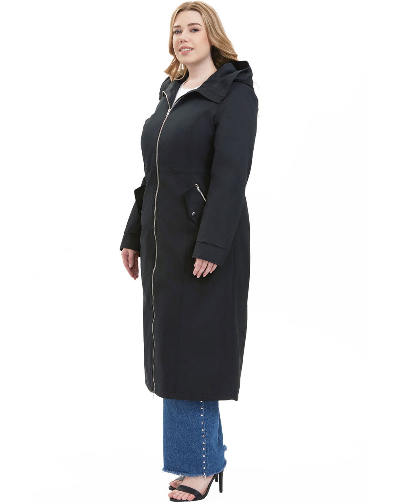 Hooded Zip-Out Lined Long Raincoat, Black, alternate image number 1