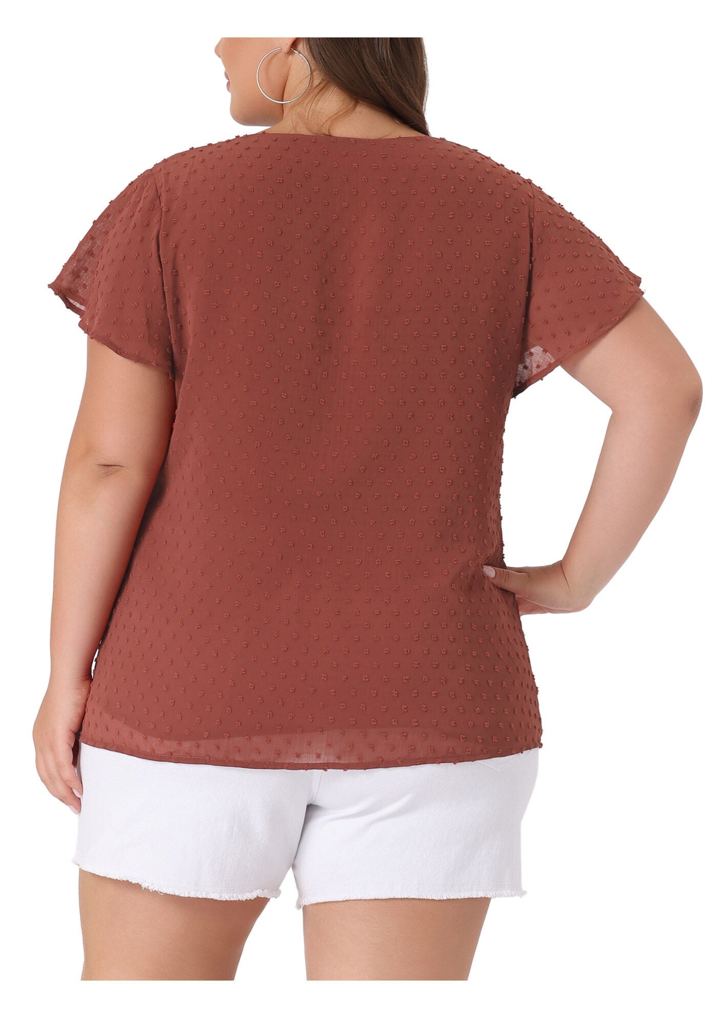 Swiss Dots Blouse V Neck Summer Short Sleeve Casual Top, Caramel / Brown, alternate image number 3