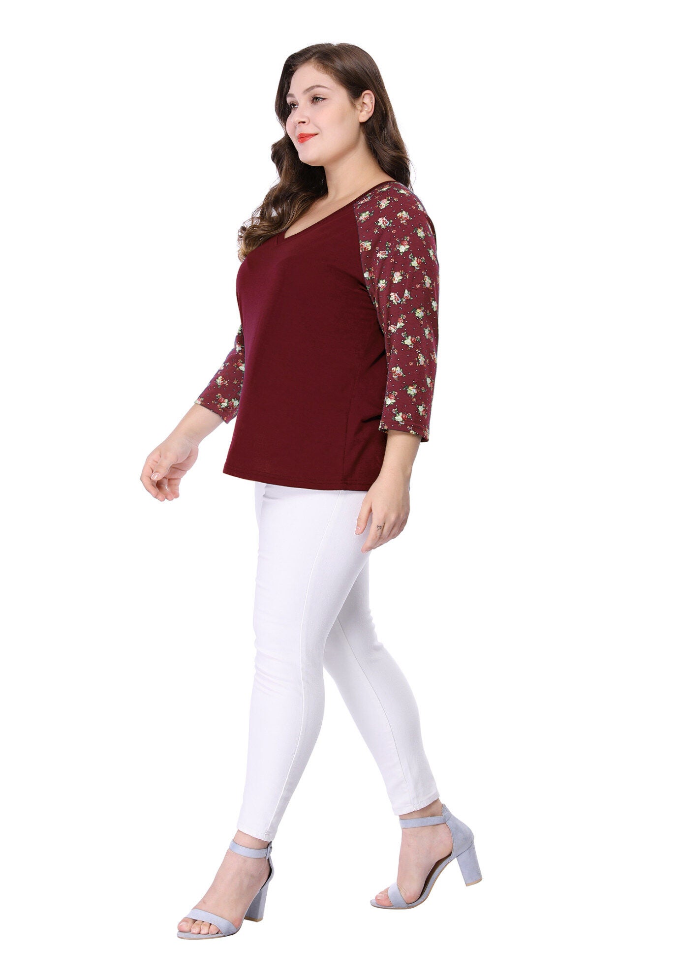 Casual V Neck 3/4 Sleeve Floral Raglan Top, Red / Red, alternate image number 4