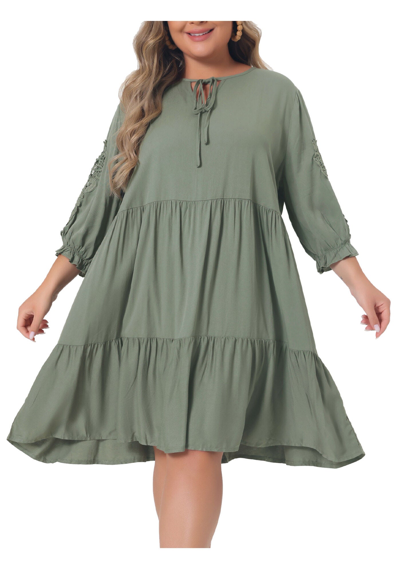 TIE NECK LACE SLEEVE RUFFLE MIDI FLOWY DRESS, Green / Olive Green, alternate image number 1