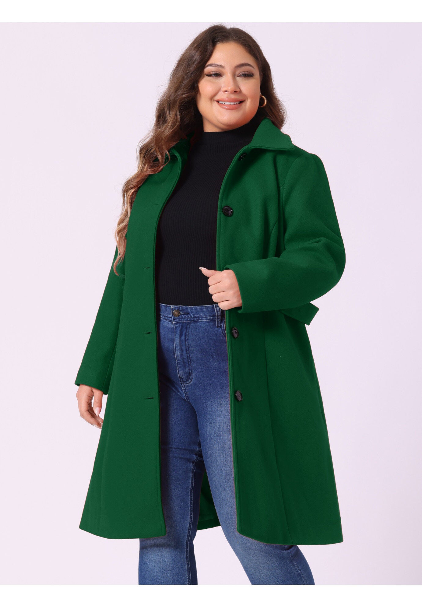 SINGLE BREASTED BELTED WINTER LONG COAT, Dark Green / Forest Green, alternate image number 1