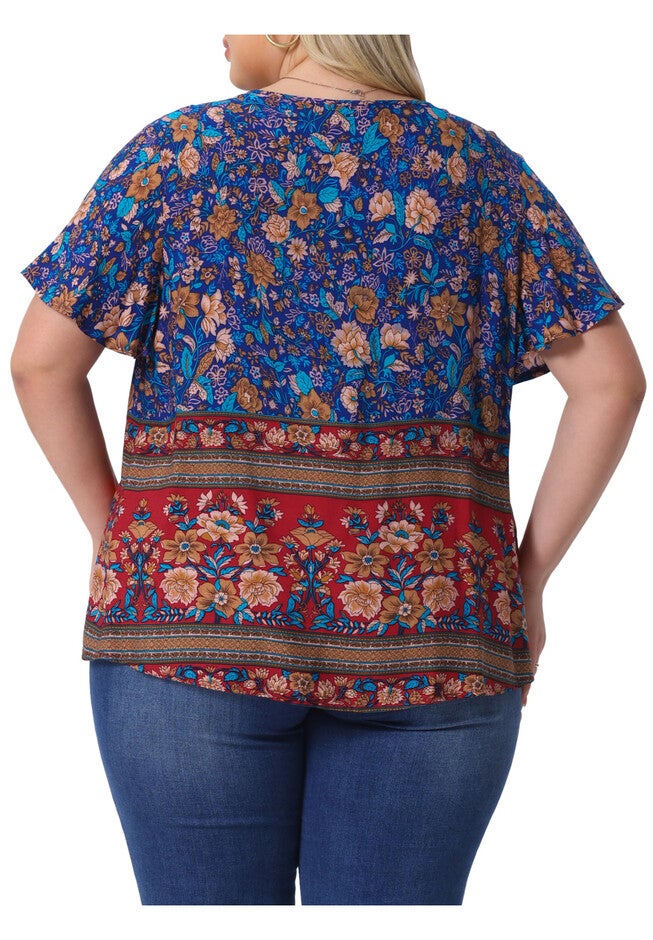 Keyhole Ruffle Short Sleeve Top Boho Floral Summer Blouse, Navy Blue / Navy, alternate image number 3