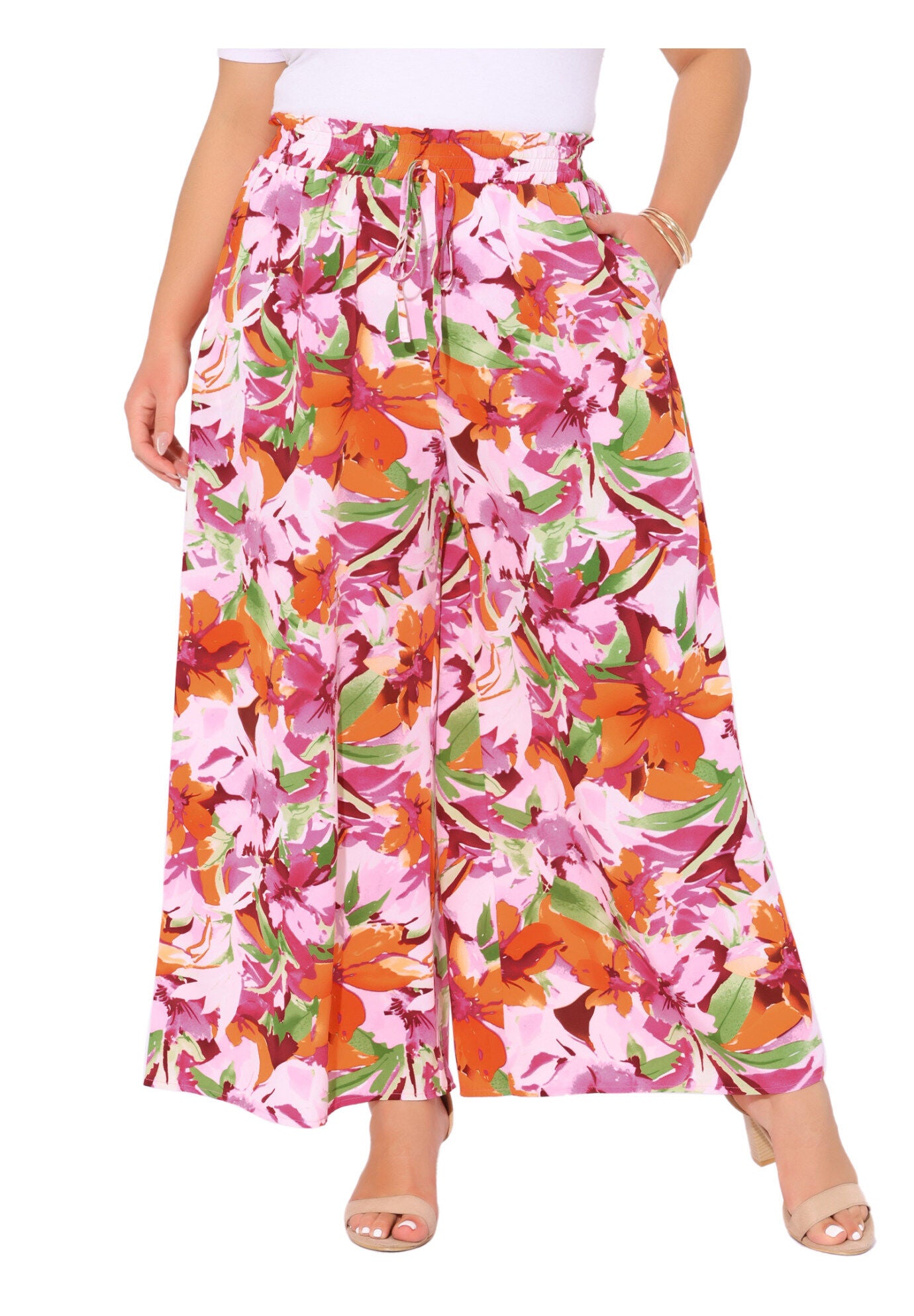Wide Leg Floral Palazzo Pants Flowy Beach Trousers with Pocket, Pink Orange / Pink, alternate image number 1