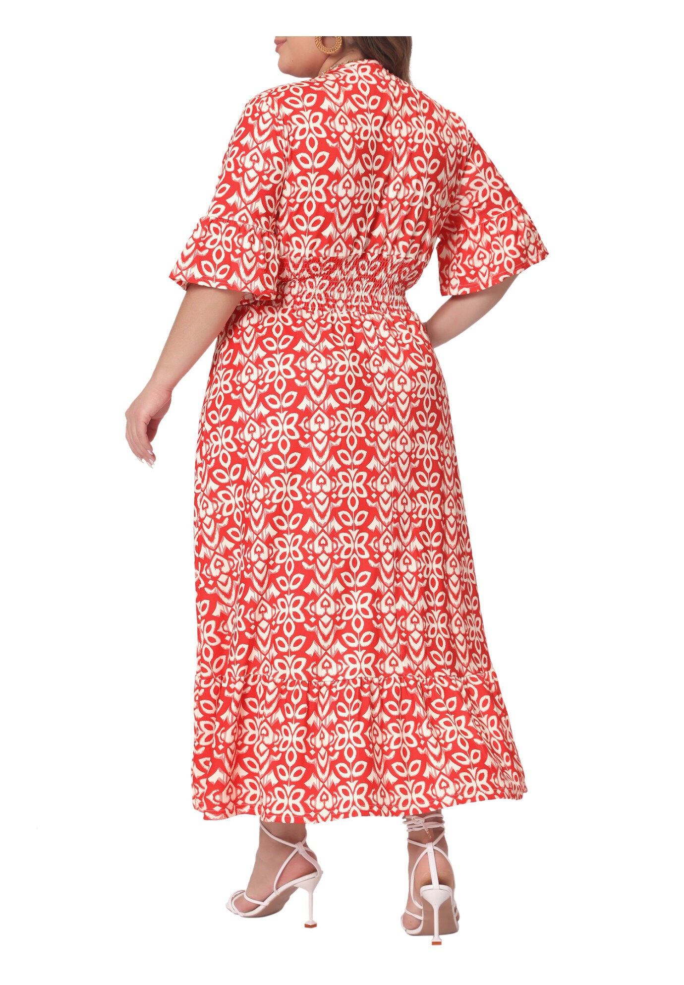 Bell Sleeve Ruffled Hem V Neck Short Sleeve Boho A Line Long Dress, Red / Red, alternate image number 3