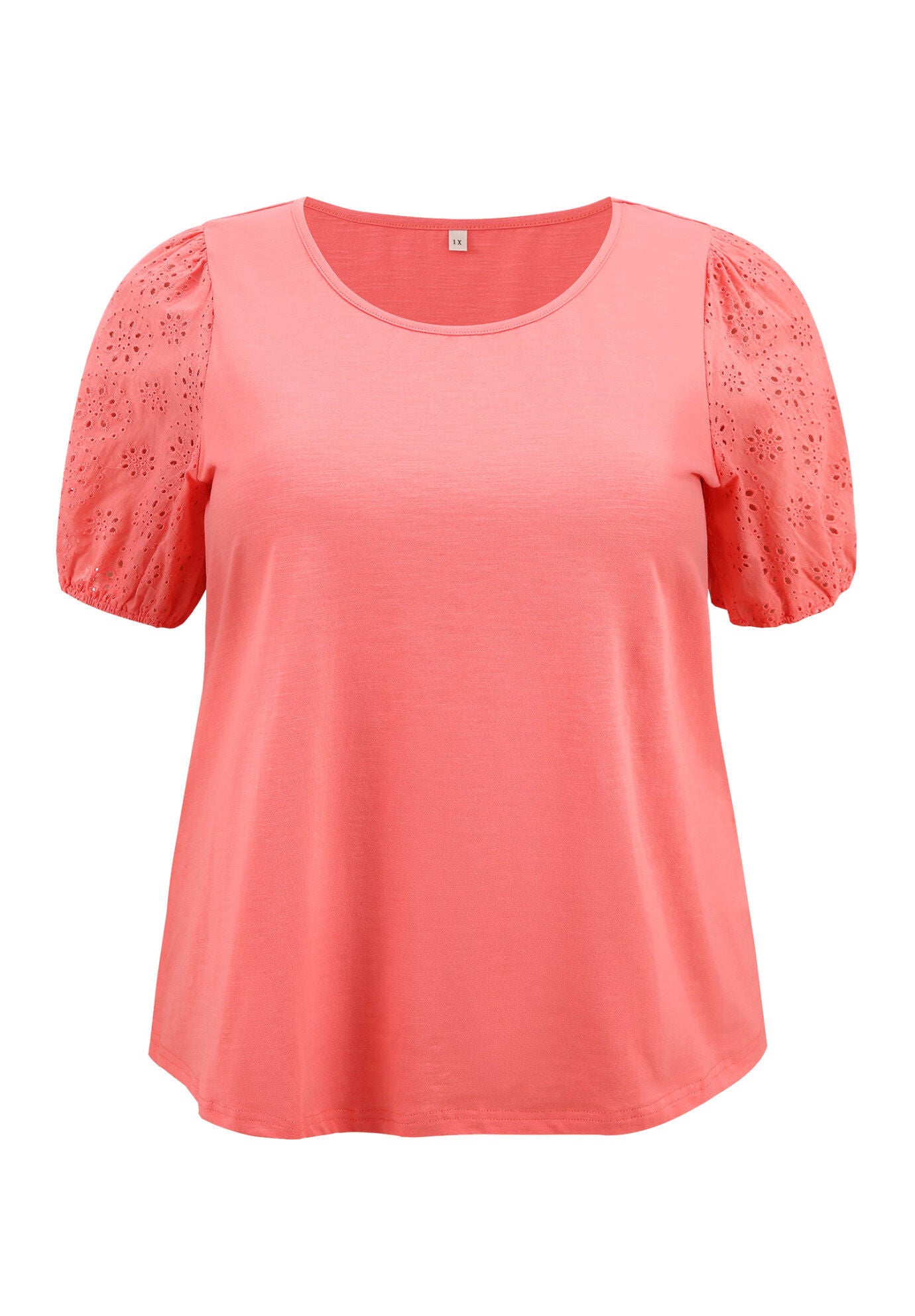 Round Neck Embroidered Panel Hollow Puff Short Sleeve Blouse, Coral Red / Coral, alternate image number 3