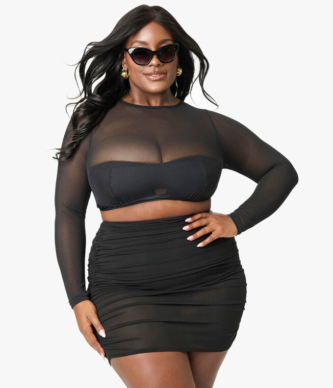 Unique Vintage Plus Size Black Mesh Long Sleeve Swim Top, Black / Black, alternate image number 2