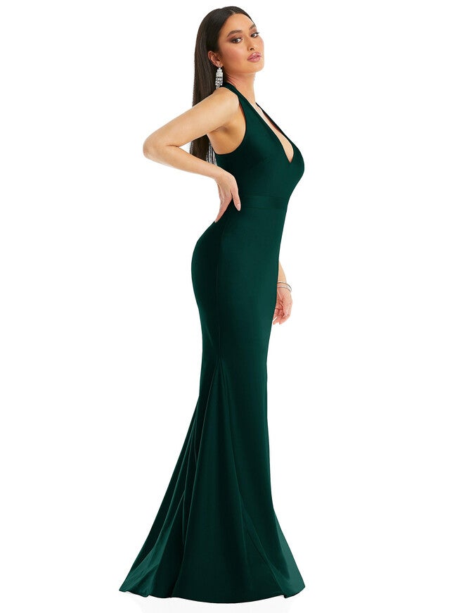Plunge Neckline Cutout Low Back Stretch Satin Mermaid Dress, Evergreen / Hunter Green, alternate image number 1