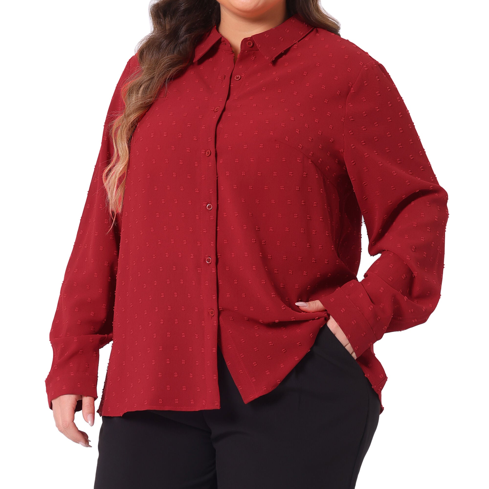 Swiss Dots Long Sleeve Button Down Shirt Blouse, Red / Red, alternate image number 1