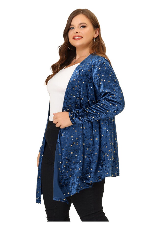 OPEN FRONT DRAPED SHINY VELVET CARDIGAN, Blue / Navy, hi-res image number 0