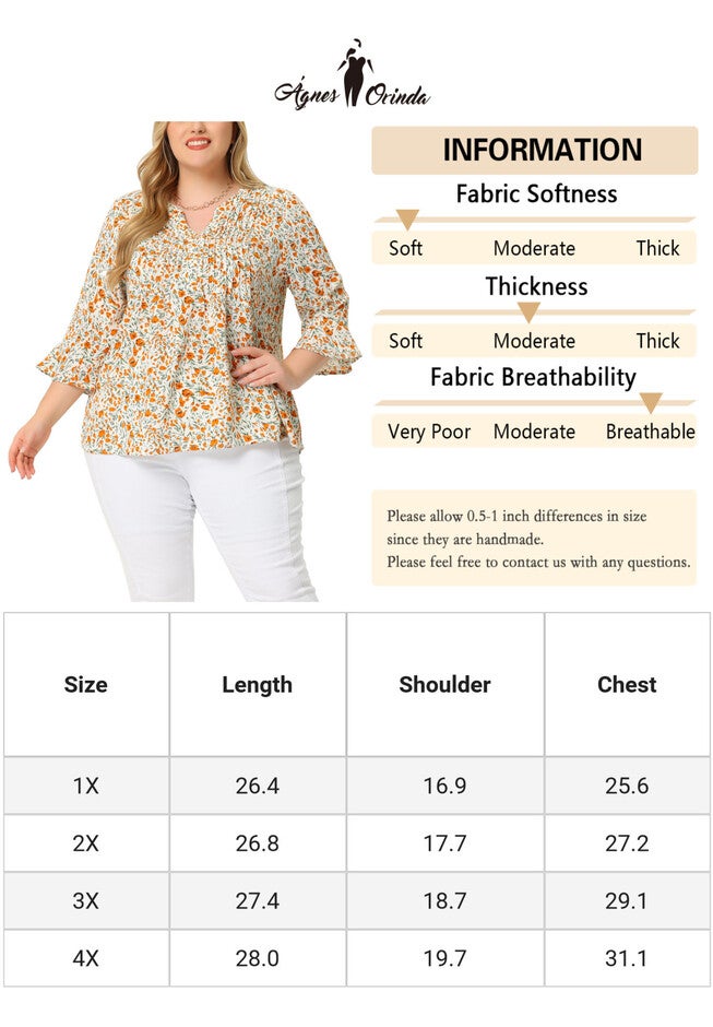 Pleated Long Sleeves V Neck Floral Blouse Top, White / White, alternate image number 4