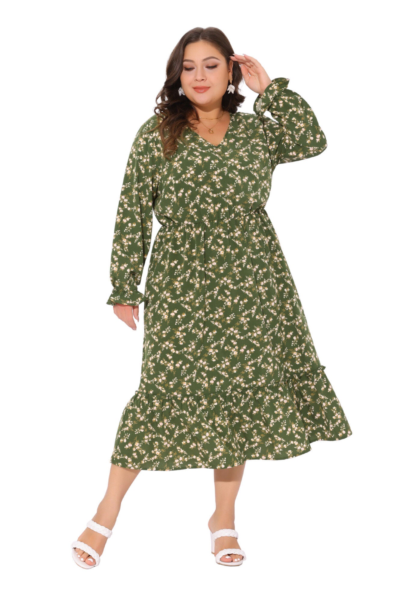 Boho Floral Print V Neck Long Sleeve Ruffle Hem Long Maxi Dress, Olive Green / Olive Green, hi-res image number 0