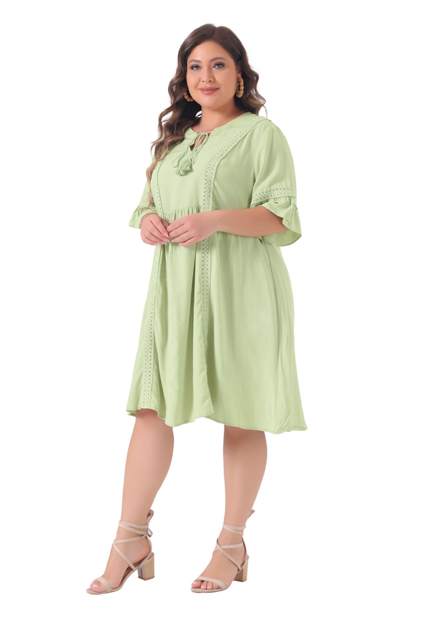 Ruffle Short Sleeve Lace Insert V Neck Tassel Bohemian Dress, Light Green / Light Green, hi-res image number 0