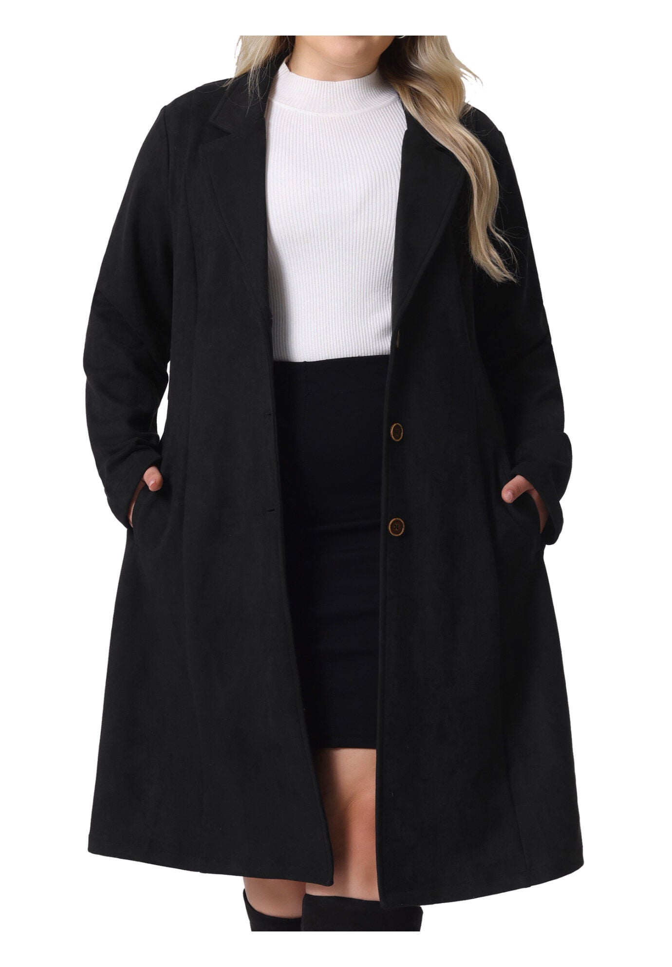 NOTCH LAPEL FAUX SUEDE LONG TRENCH COAT, Black / Black, alternate image number 2