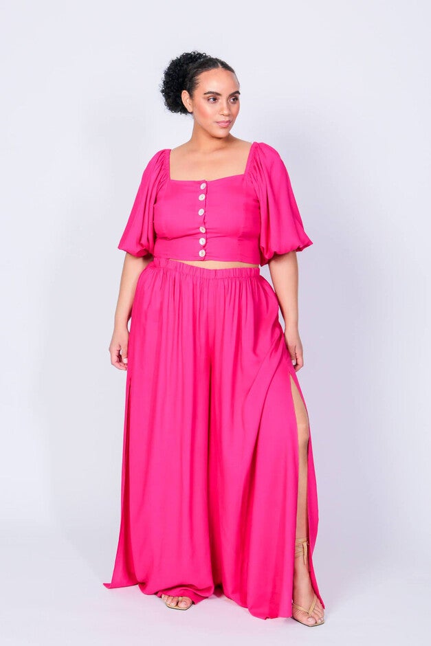 Beetroot Purple Puff Sleeve Gladys Crop Top and Pants, Beetroot Purple / Pink, hi-res image number 0