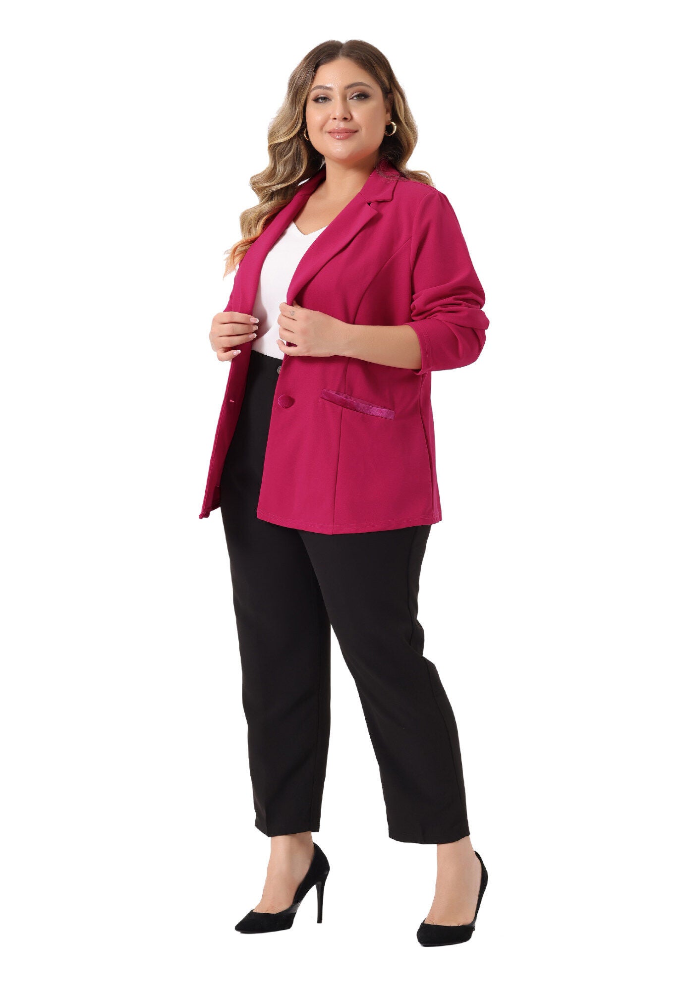 NOTCHED LAPEL V NECK WORK SUIT BLAZER, Hot Pink / Deep Fuchsia, hi-res image number 0