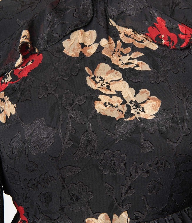 Unique Vintage Black Red & Gold Floral Bell Sleeve Maxi Dress, BlackFloral / Black, alternate image number 4