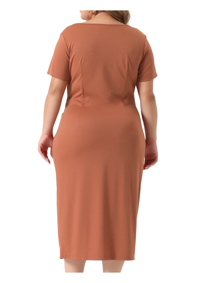 Round Neck Knot Front Short Sleeve Side Split Dress, Orange / Orange, alternate image number 3