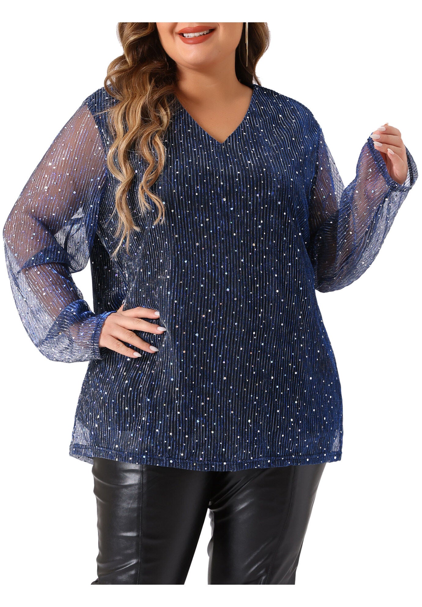 LONG SLEEVE GLITTER SPARKLE TOP, Blue / Navy, alternate image number 2