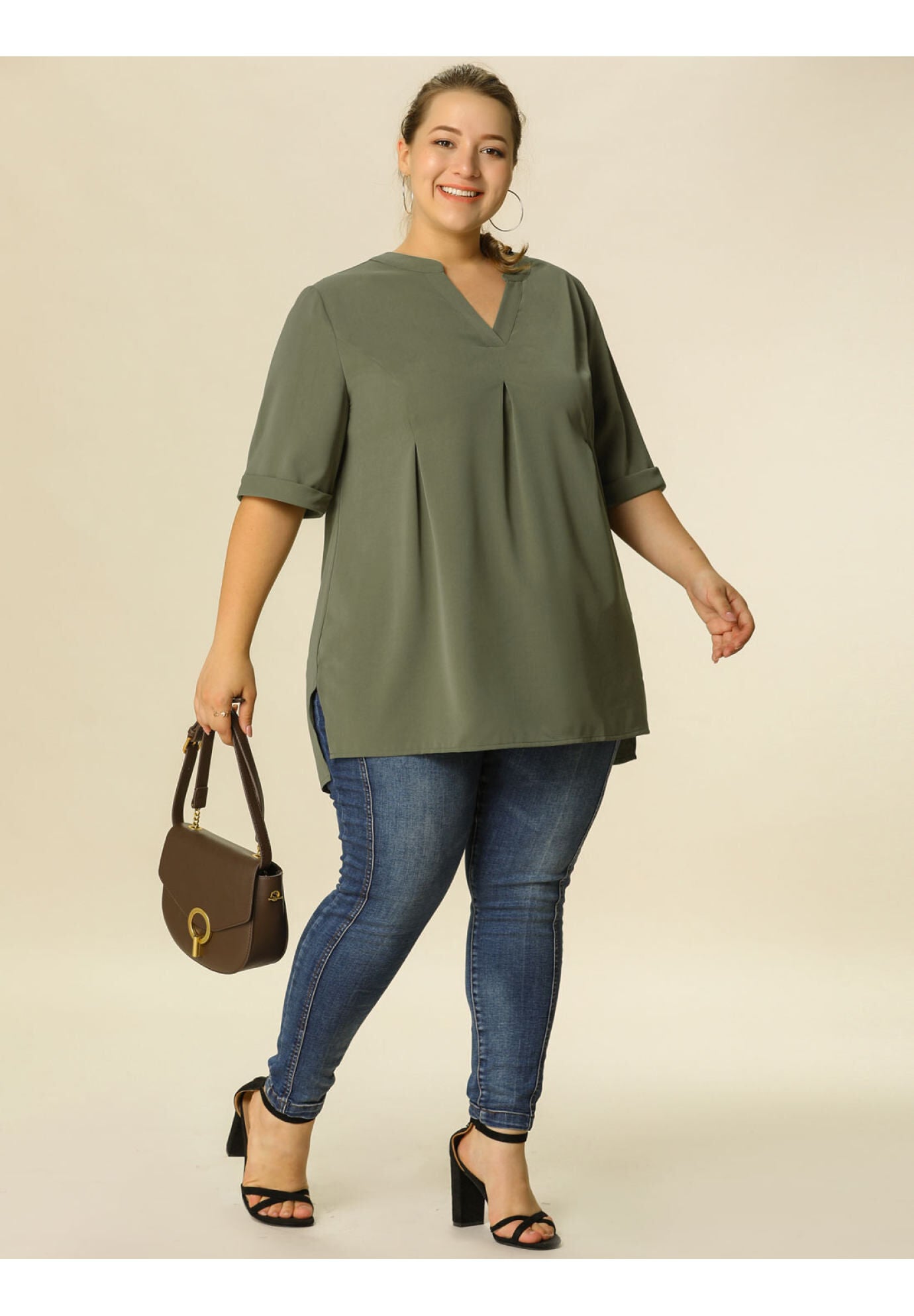 V Neck Casual Solid 1/2 Sleeve Tunic Blouse, Olive Green / Olive Green, hi-res image number 0