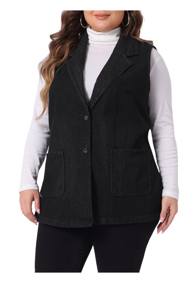 SLEEVELESS LAPEL LONG JEAN DENIM TUNIC VEST, Black / Black, alternate image number 1