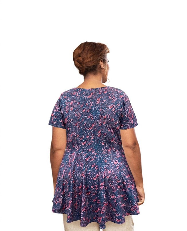 PRINTED SHORT SLEEVE BABY DOLL TOP, Blue Palm / Azure Blue, alternate image number 1