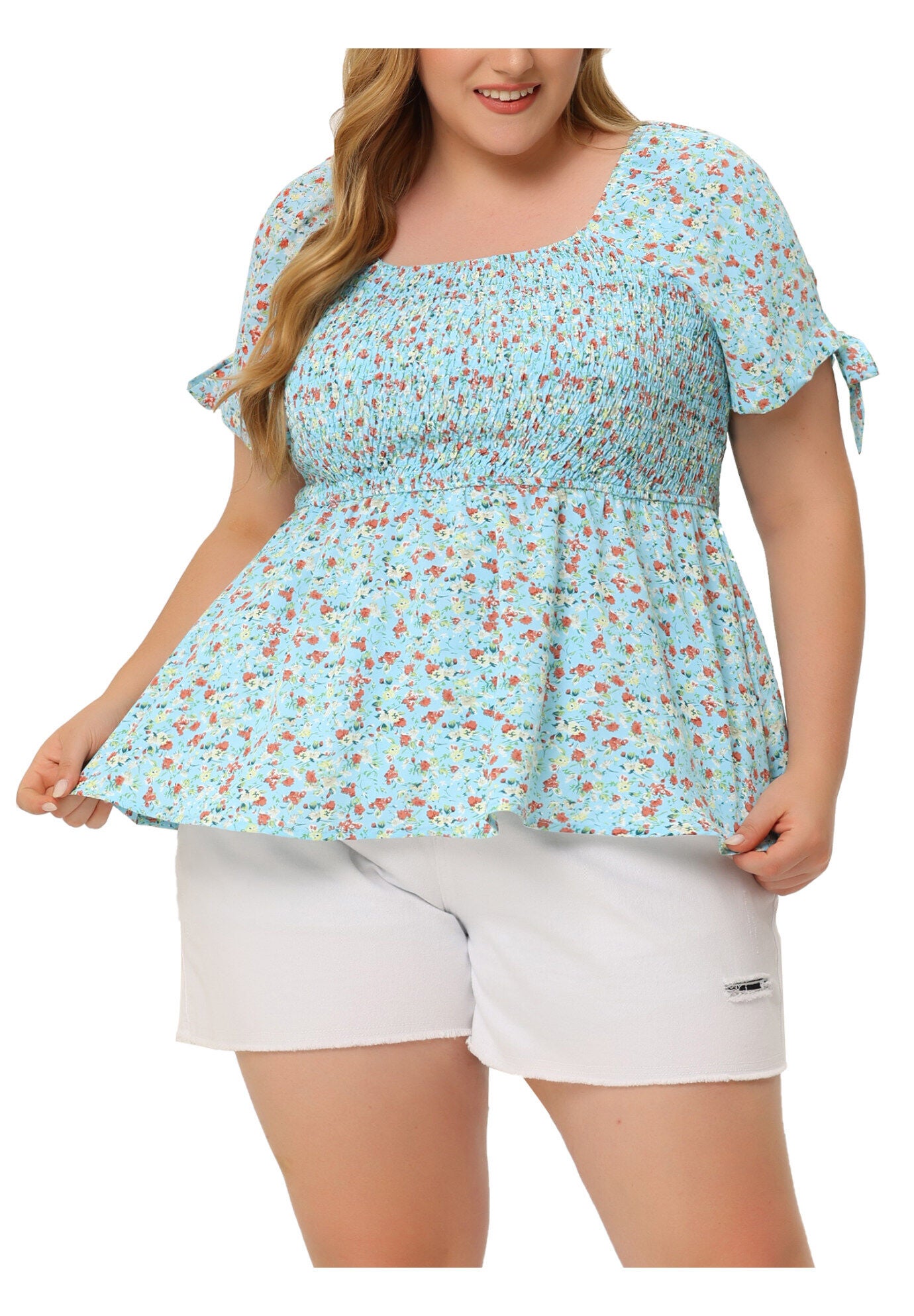 Summer Square Neck Smocked Bow Tie Short Sleeve Peplum Blouse, Light Blue / Light Blue, alternate image number 2