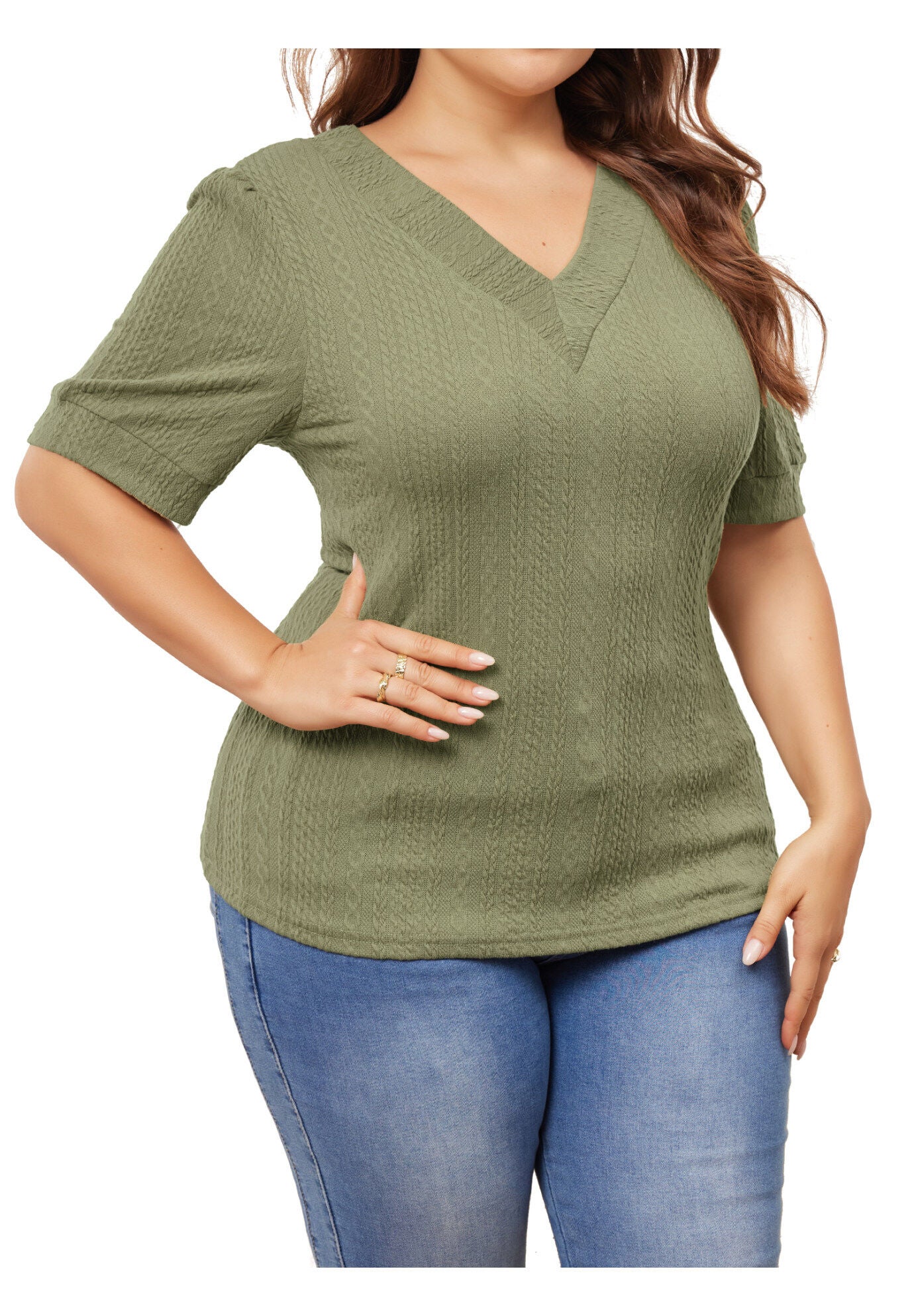 DEEP V NECK SHORT SLEEVE T-SHIRT CASUAL TOP, Grass Green / Sage Green, alternate image number 1