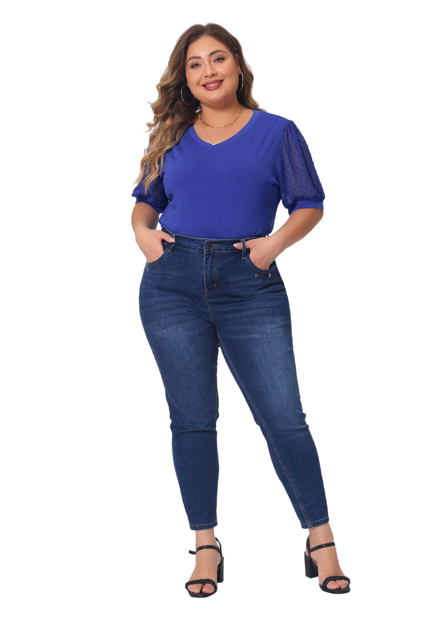 V Neck Swiss Dots Puff Sleeve Loose Top, Blue / Royal Blue, hi-res image number 0