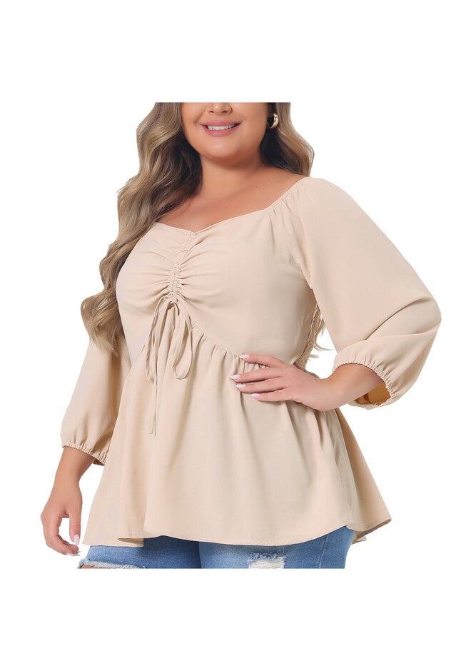 Sweetheart Neck Drawstring Ruched 3/4 Sleeve Peplum Blouse Top, Light Apricot / Cream, alternate image number 1