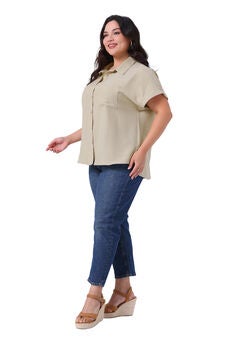 Button Down Short Sleeve Collared Top with Chest Pocket