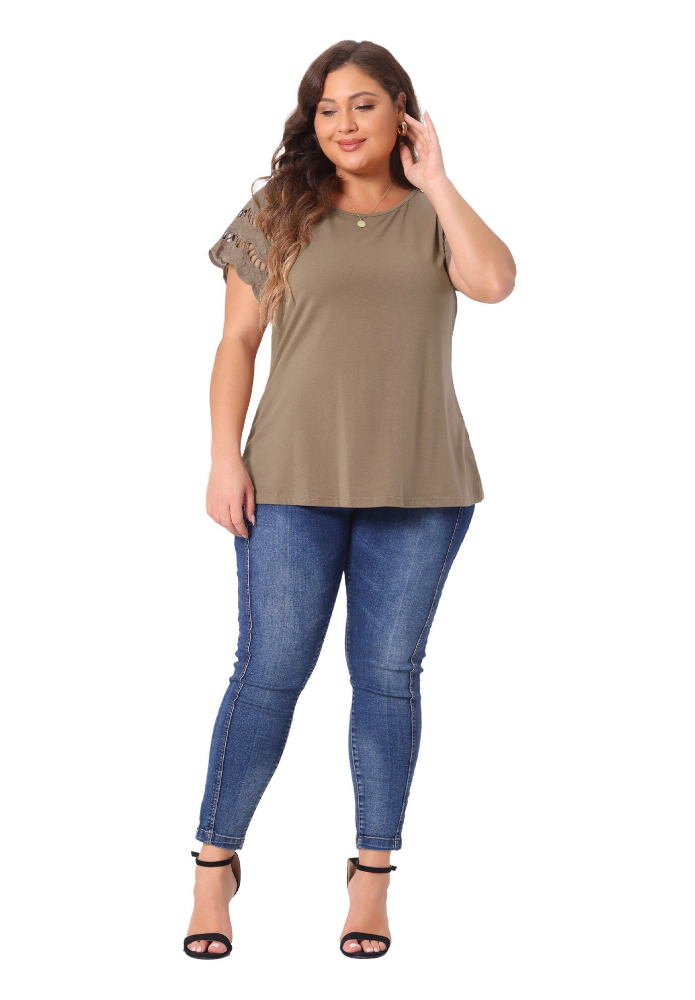 Lace Panel Hollow Short Sleeve Summer Blouse, Brown / Brown, hi-res image number 0