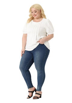 Puff Short Sleeve Crew Neck Pleated Tunic Blouse