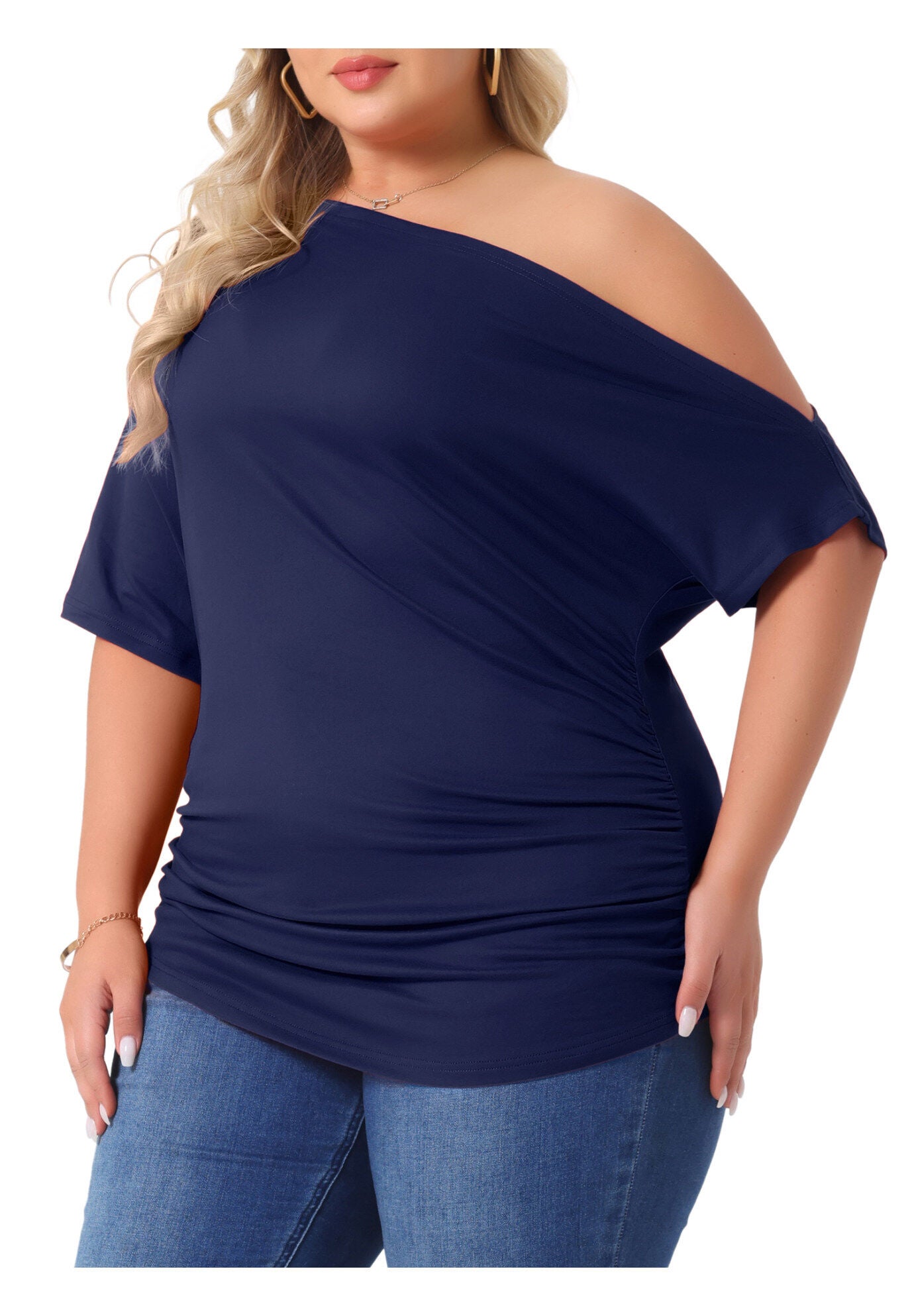 ONE SHOULDER SHORT SLEEVE RUCHED TOP, Dark Blue / Navy, alternate image number 1