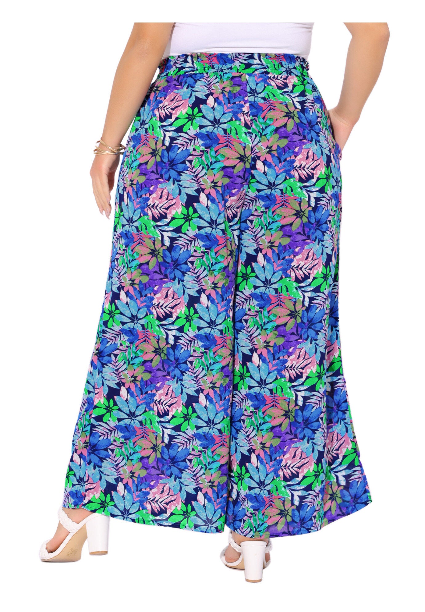 Wide Leg Floral Palazzo Pants Flowy Beach Trousers with Pocket, Dark Blue Purple / Purple, alternate image number 3