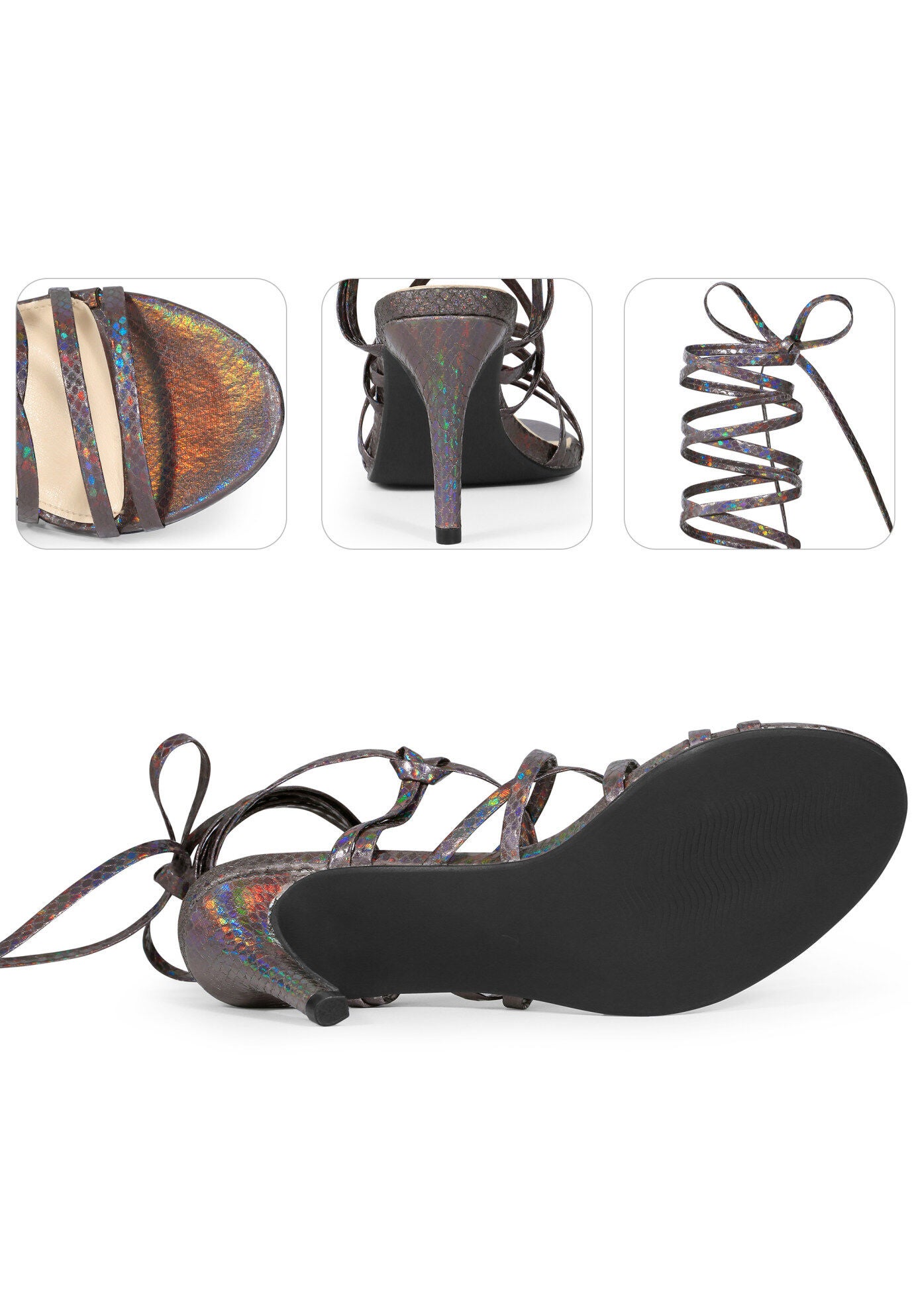 Snakeskin Strappy Lace Up Stiletto Heels Gladiator Sandals, Gunmetal / Charcoal Grey, alternate image number 2