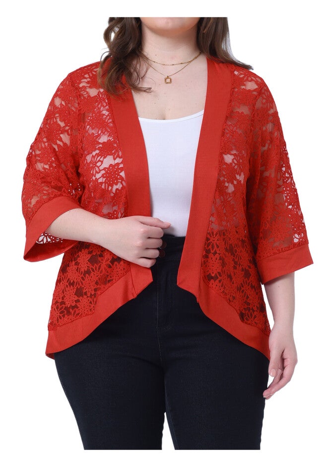 LACE CROCHET CARDIGAN 3/4 SLEEVE SHEER LIGHTWEIGHT COVER UP, Red / Red, alternate image number 2