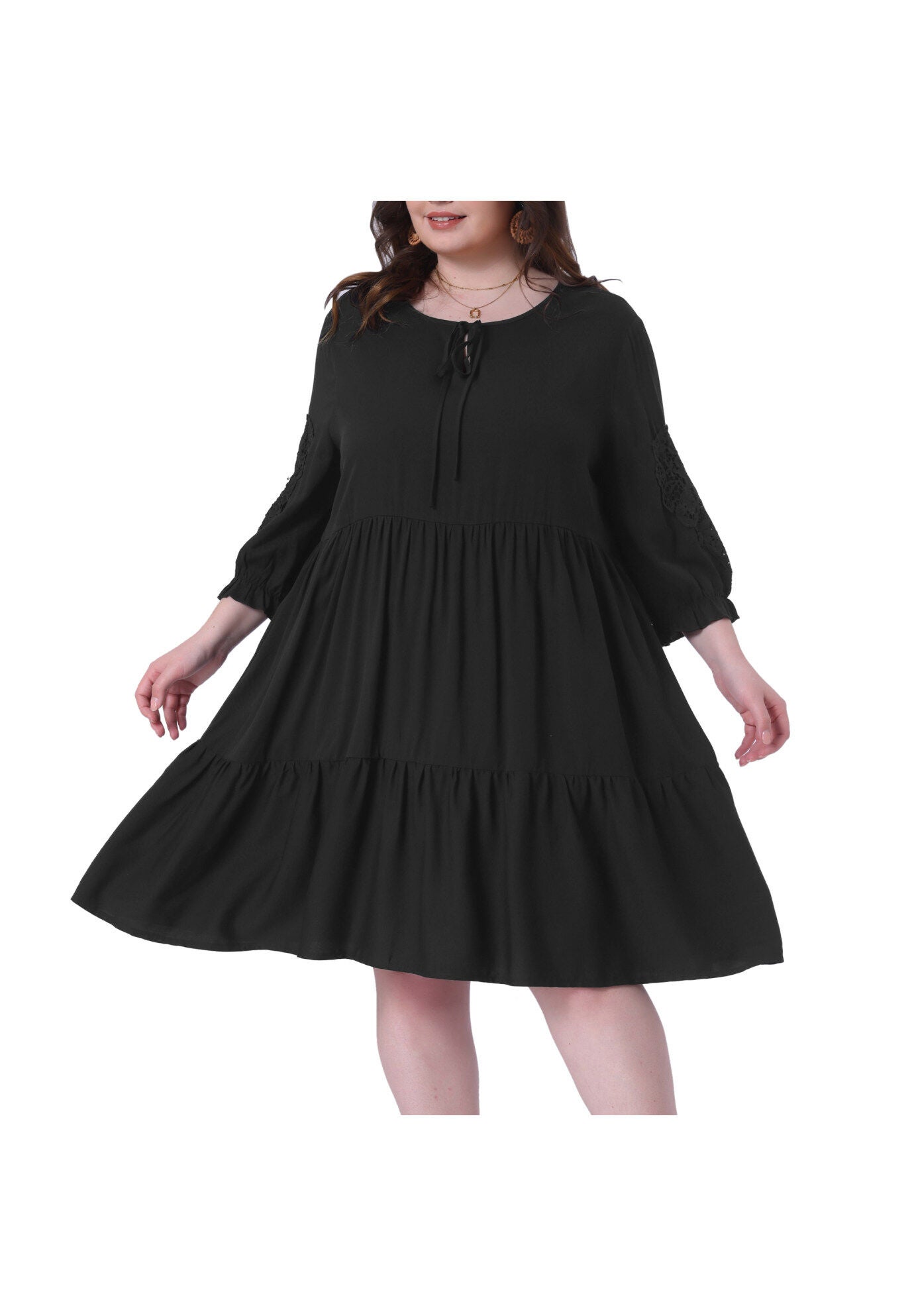 TIE NECK LACE SLEEVE RUFFLE MIDI FLOWY DRESS, Black / Black, alternate image number 2