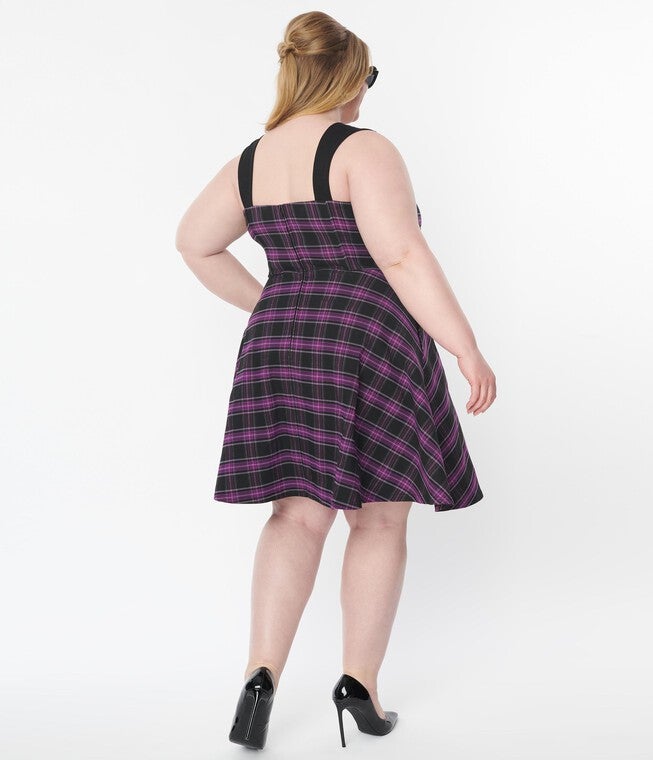 Unique Vintage Purple Plaid Corset Flare Dress, , alternate image number null