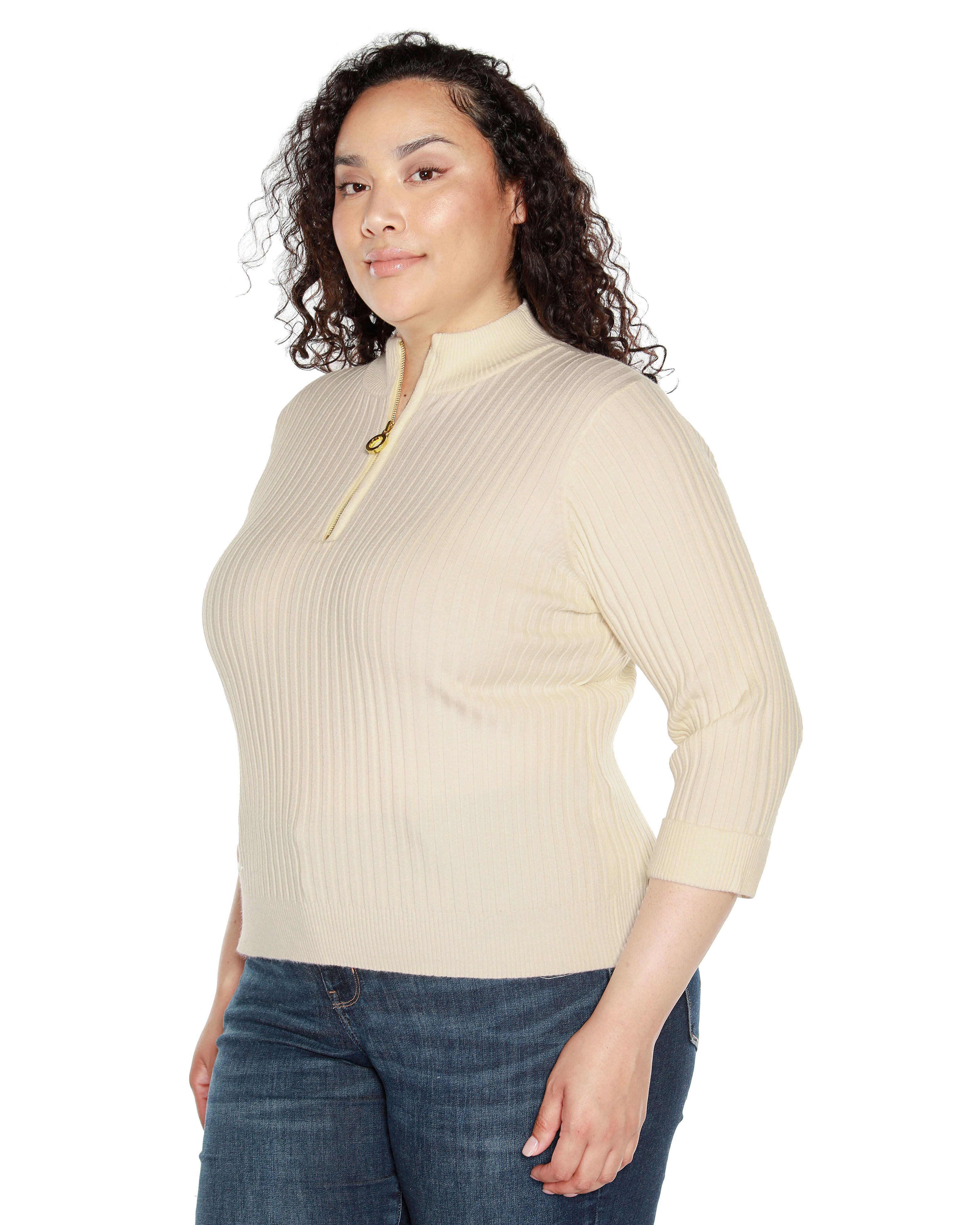 RIBBED QUARTER-ZIP SWEATER, Ecru / Ivory, alternate image number 2
