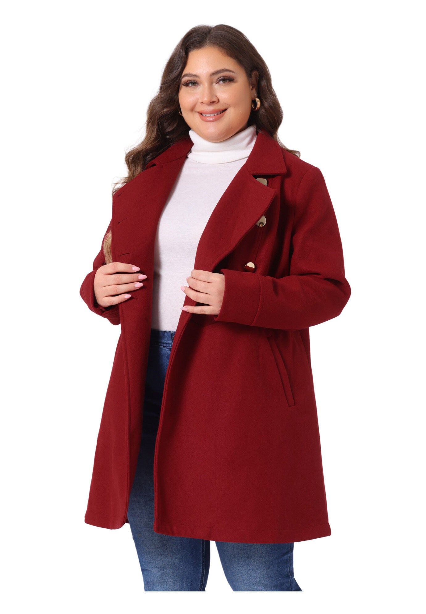 A-Line Peter Pan Collar Double Breasted Peacoat, Dark Red / Red, alternate image number 2