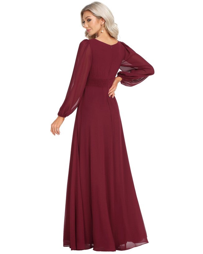 Chiffon High Empire Waist Puff Sleeve Mother Dress, Burgundy / Burgundy, alternate image number 1