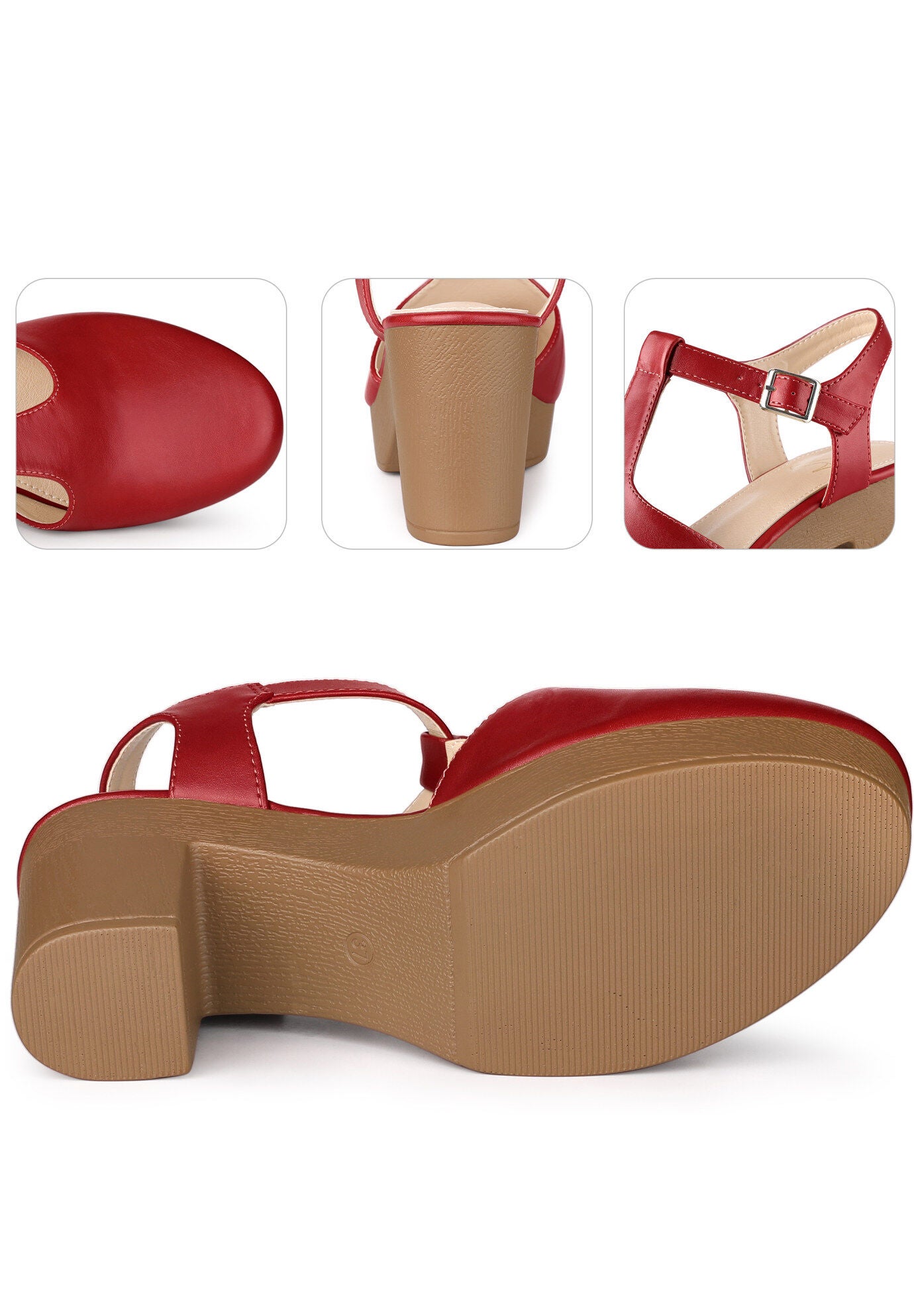 Platform T-Strap Shoes Chunky Heels Sandals, Red / Red, alternate image number 2